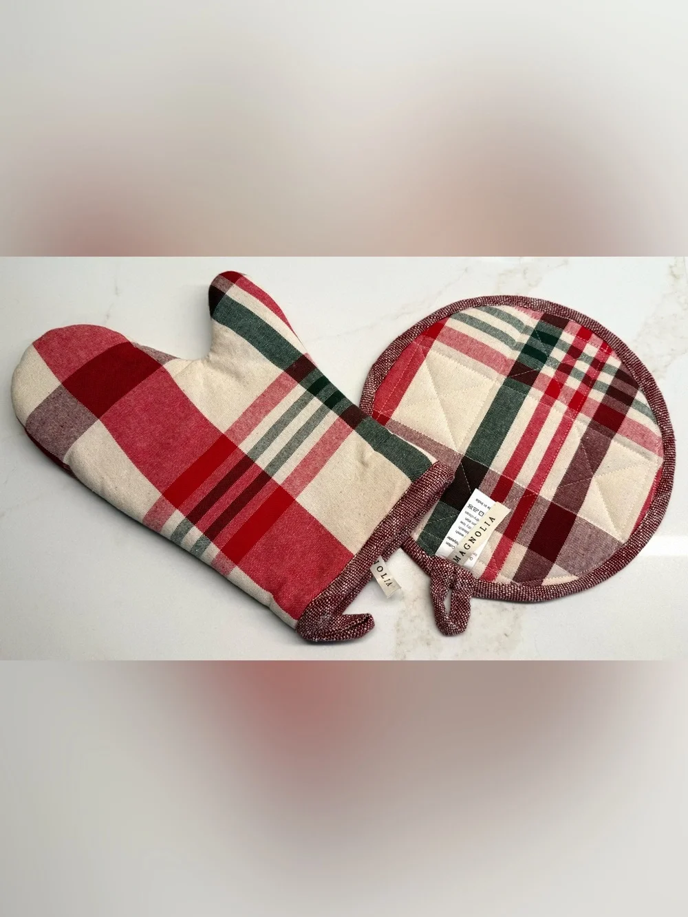 Magnolia Plaid Oven Mitt & Potholder Set Red Green Farmhouse